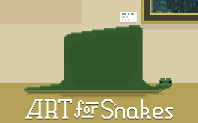 ART for Snakes' cover image, showing a snake in front of a gallery wall with a large painting-shaped bulge along its body. In the background, a painting is missing from the wall.