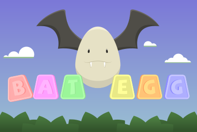 Bat Egg's cover image, showing a bat egg flying above the game's title spelled in coloured trapezoidal candy letters.