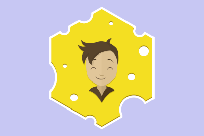My avatar, a stylised self portrait with short messy hair, set within a hexagonal shaped slice of cheese with holes in.
