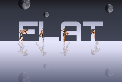 FLAT's cover image, showing the game's title text rising above a stylised alien planet surface. Three moons hang in the sky and the forms of enemy skaters can be glimpsed through the text's silhouette.