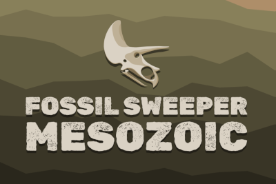 Fossil Sweeper's cover image, showing a triceratops skull over the top of the game's title, which itself preceds the subtitle "MESOZOIC."