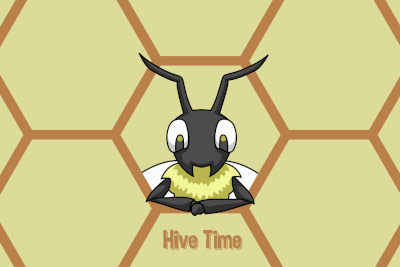 Hive Time's cover image, showing an anthropomorphic bee leaning out of a stylised honeycomb cell above the game's title.